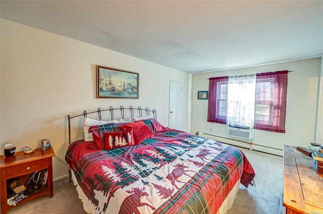 carpeted bedroom with a baseboard heating unit