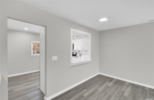 spare room with wood-type flooring and sink