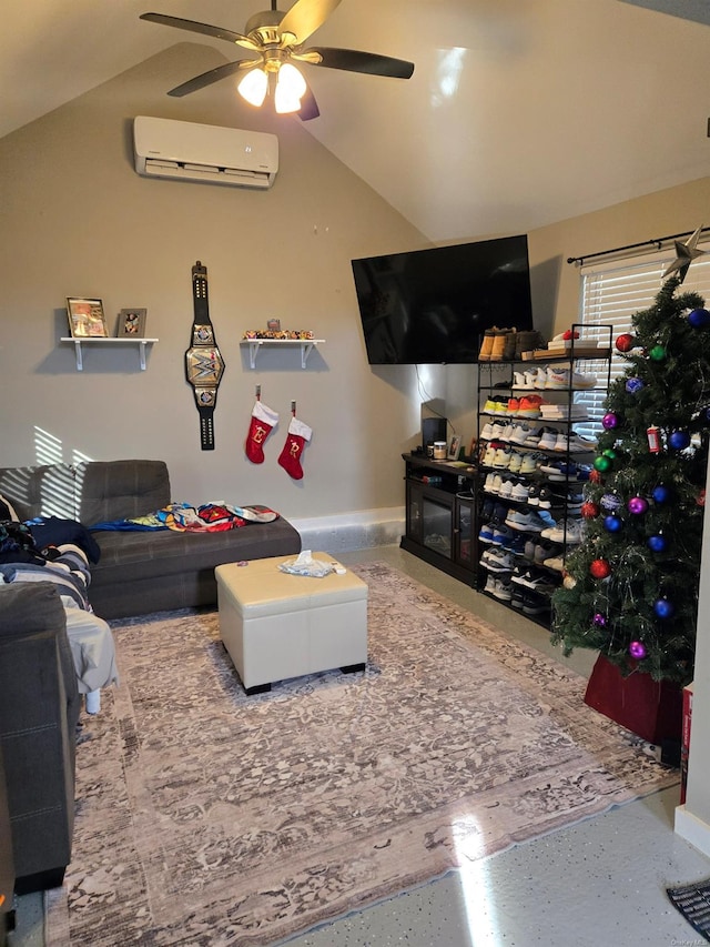 living room with ceiling fan, lofted ceiling, and a wall mounted AC