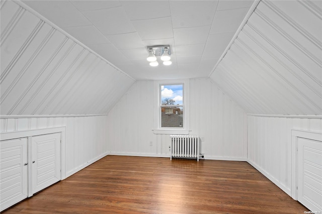 additional living space with dark hardwood / wood-style flooring, radiator heating unit, and vaulted ceiling