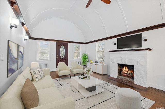 living room with high vaulted ceiling, light wood-type flooring, a fireplace, and radiator