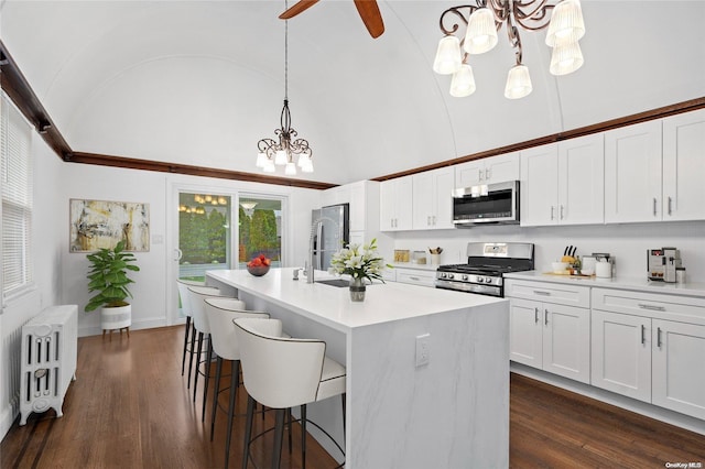 kitchen featuring appliances with stainless steel finishes, dark hardwood / wood-style flooring, a kitchen island with sink, white cabinets, and radiator heating unit