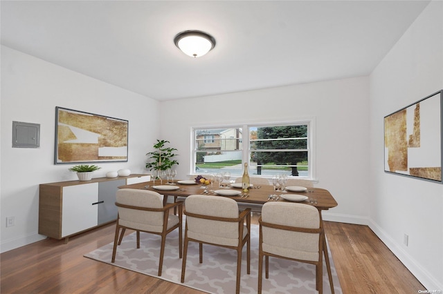 dining room featuring electric panel and hardwood / wood-style floors