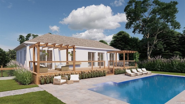 back of property featuring a swimming pool side deck, a pergola, and a patio