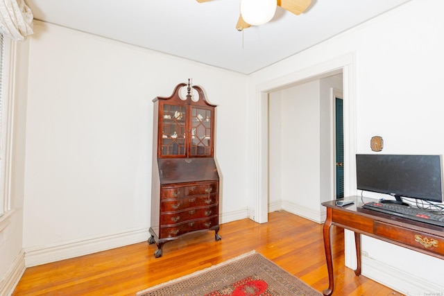 office space featuring ceiling fan and hardwood / wood-style floors