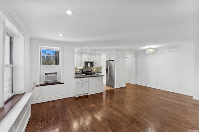 unfurnished living room with crown molding, dark hardwood / wood-style flooring, and cooling unit