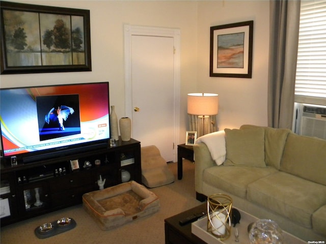 living room with carpet flooring and cooling unit