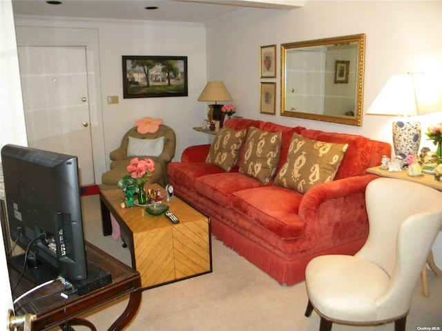 living room with carpet and crown molding