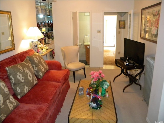 living room featuring carpet flooring and radiator