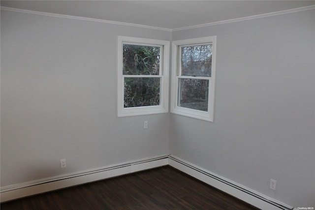 unfurnished room with dark hardwood / wood-style floors, a baseboard radiator, and ornamental molding