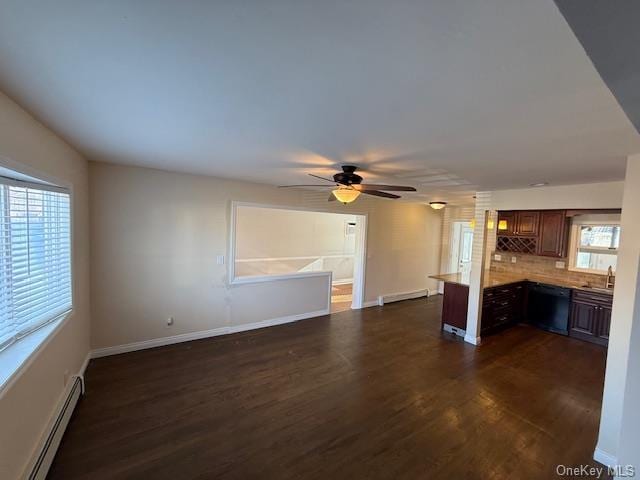 kitchen featuring decorative backsplash, black dishwasher, dark hardwood / wood-style floors, and baseboard heating