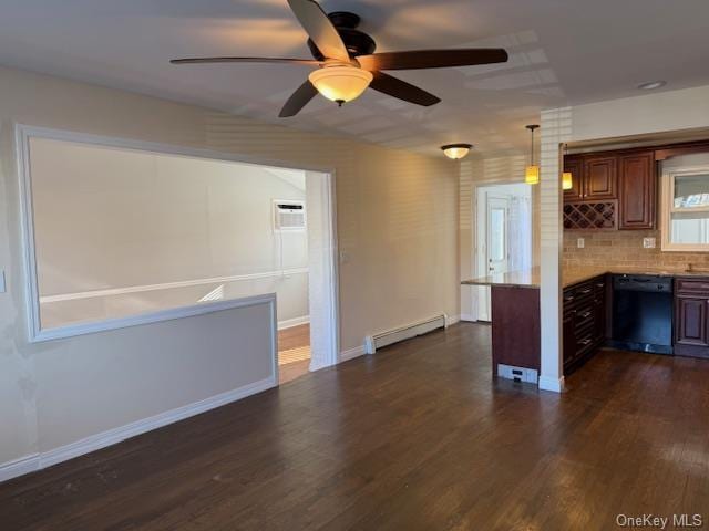 kitchen featuring ceiling fan, a baseboard radiator, black dishwasher, backsplash, and pendant lighting