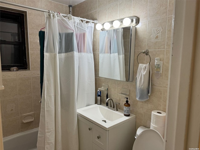 full bathroom featuring vanity, backsplash, shower / bath combination with curtain, toilet, and tile walls