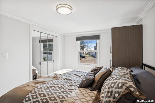 bedroom featuring crown molding and a closet