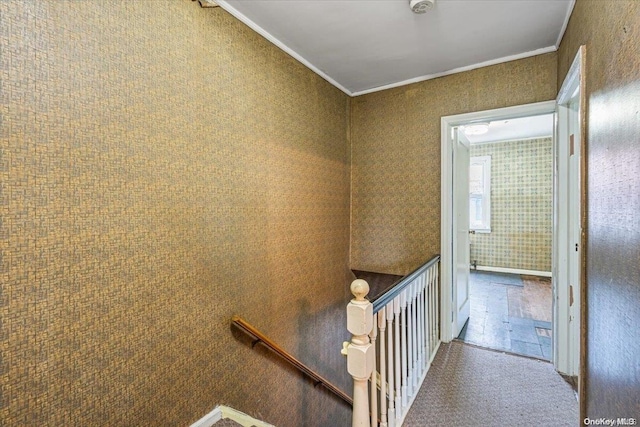 staircase featuring ornamental molding