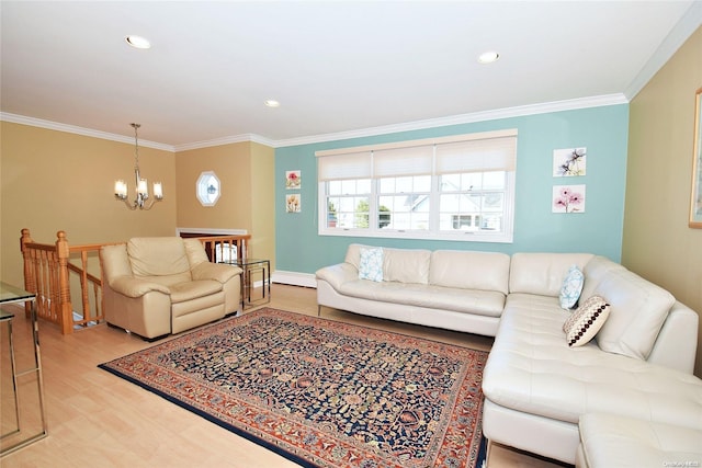 1070 Mckinley St, Baldwin, NY 11510 - living room with a chandelier, ornamental molding, a baseboard radiator, recessed lighting, and baseboards