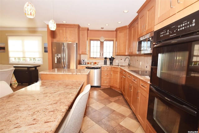 1070 Mckinley St, Baldwin, NY 11510 - kitchen with black appliances, crown molding, a sink, backsplash, and light stone counters