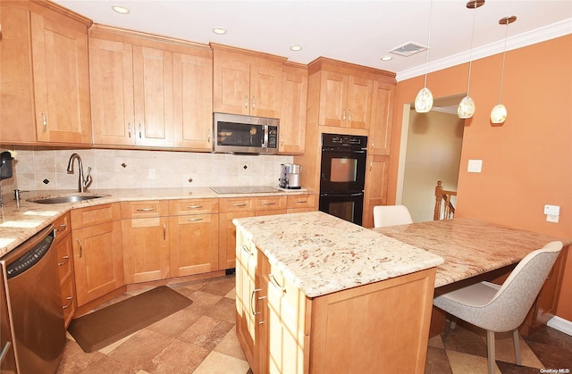 1070 Mckinley St, Baldwin, NY 11510 - kitchen featuring black appliances, a sink, a kitchen breakfast bar, tasteful backsplash, and ornamental molding