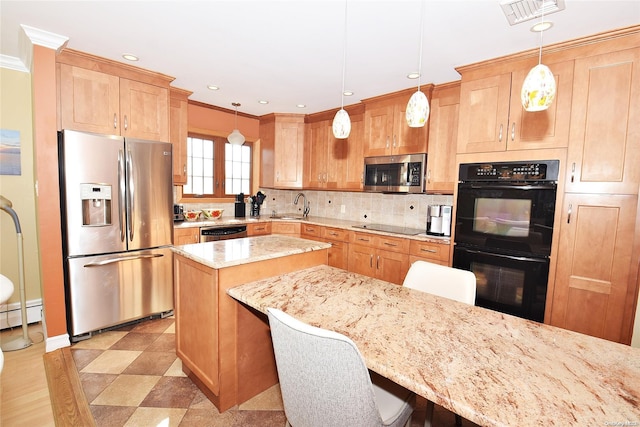 1070 Mckinley St, Baldwin, NY 11510 - kitchen featuring black appliances, a sink, tasteful backsplash, crown molding, and light stone counters