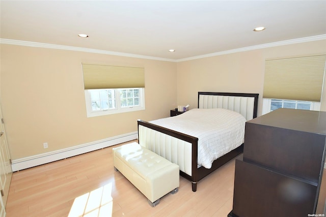 1070 Mckinley St, Baldwin, NY 11510 - bedroom featuring a baseboard radiator, light wood-style flooring, ornamental molding, recessed lighting, and baseboards