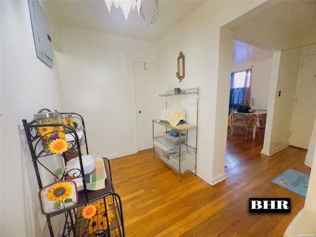 hall featuring hardwood / wood-style floors and a notable chandelier