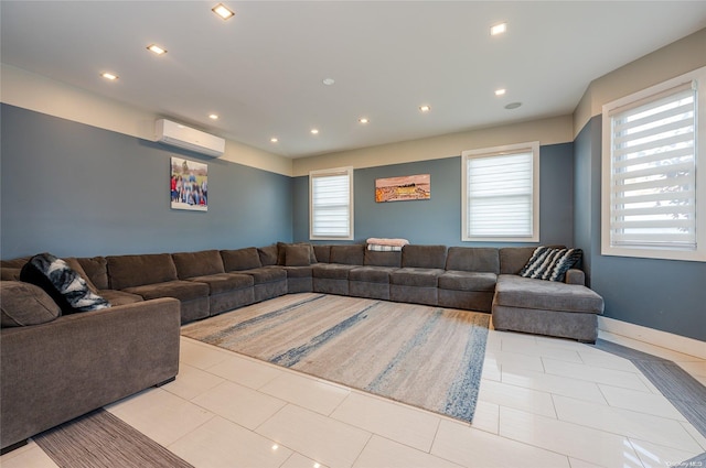 tiled living room with a wall mounted AC