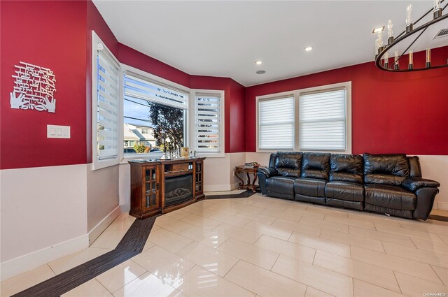 living room featuring light tile patterned floors