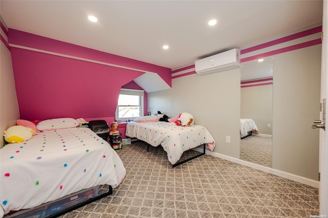 carpeted bedroom featuring a wall unit AC and lofted ceiling