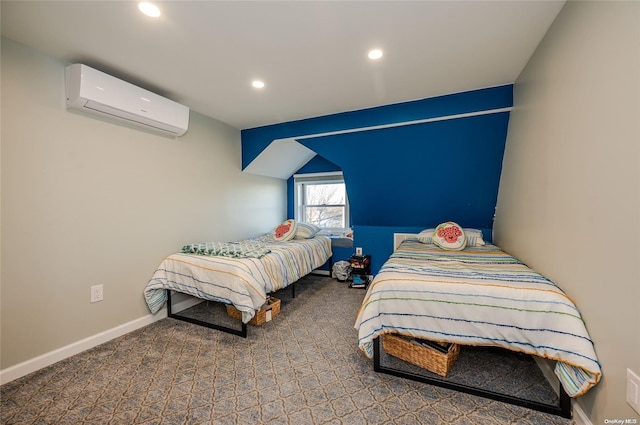 bedroom featuring a wall mounted AC, carpet, and lofted ceiling