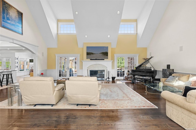 living room featuring french doors, dark hardwood / wood-style floors, and a wealth of natural light