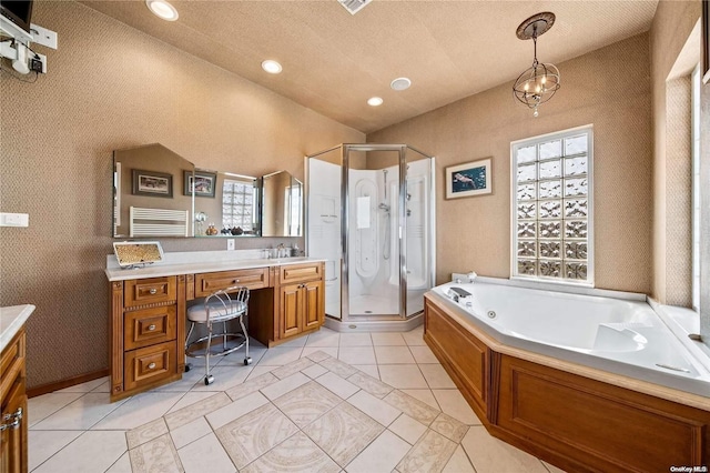 bathroom featuring vanity, lofted ceiling, plus walk in shower, tile patterned flooring, and a textured ceiling