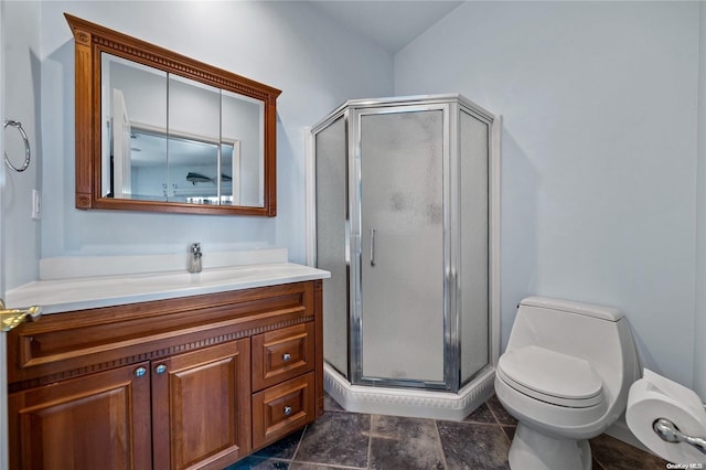 bathroom with vanity, toilet, and a shower with shower door