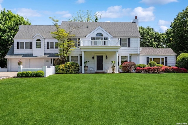 1345 Harbor Rd, Hewlett Harbor, NY 11557 - view of front facade with a balcony, a garage, a front lawn, a chimney, and roof with shingles