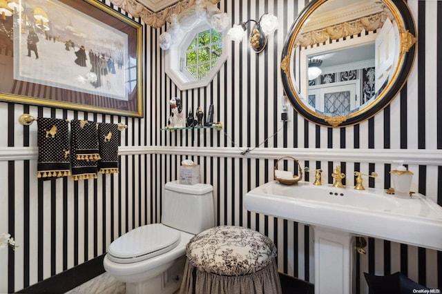 1345 Harbor Rd, Hewlett Harbor, NY 11557 - bathroom with wallpapered walls and toilet