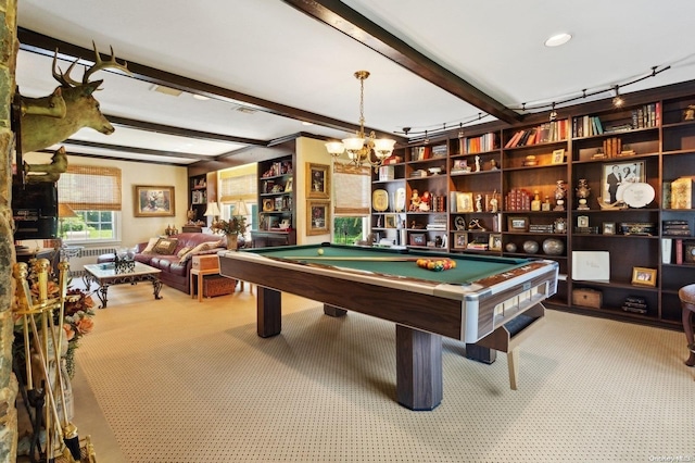 rec room with beamed ceiling, carpet floors, a notable chandelier, and pool table