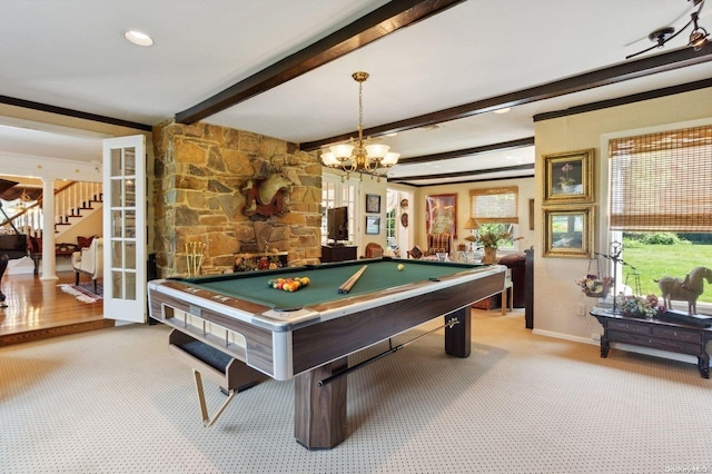 rec room featuring beam ceiling, light colored carpet, billiards, and a chandelier