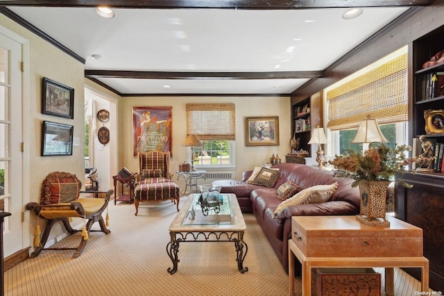 1345 Harbor Rd, Hewlett Harbor, NY 11557 - living area featuring carpet, ornamental molding, and beam ceiling