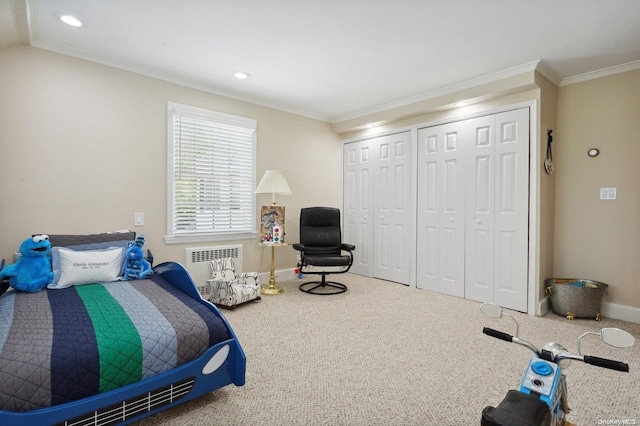 carpeted bedroom with radiator and crown molding