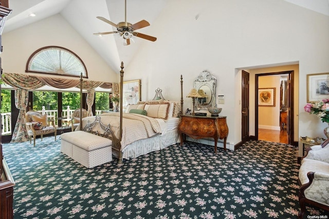 bedroom featuring carpet flooring, baseboard heating, high vaulted ceiling, and ceiling fan