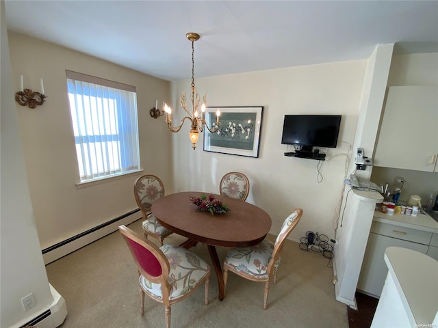 5 Schenck Ave Unit 3E, Great Neck, NY 11021 - dining space with baseboard heating, carpet flooring, a chandelier, and a baseboard heating unit