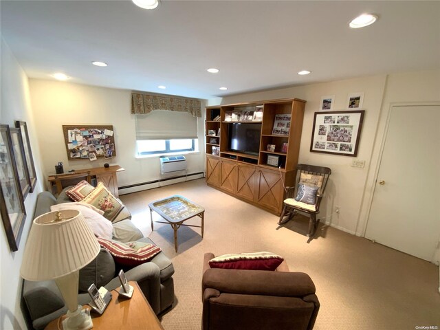 5 Schenck Ave Unit 3E, Great Neck, NY 11021 - living room featuring light colored carpet, a baseboard heating unit, and recessed lighting