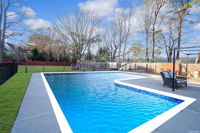 view of pool with a lawn and a patio