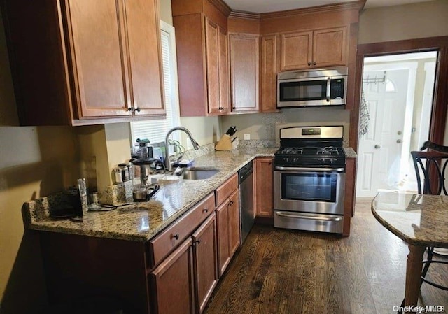 kitchen featuring sink, dark hardwood / wood-style floors, appliances with stainless steel finishes, a healthy amount of sunlight, and light stone counters