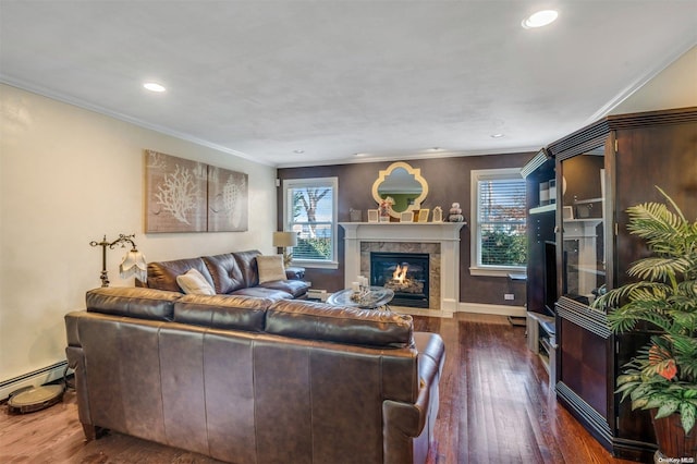 living room featuring ornamental molding, a high end fireplace, dark hardwood / wood-style floors, and a baseboard heating unit