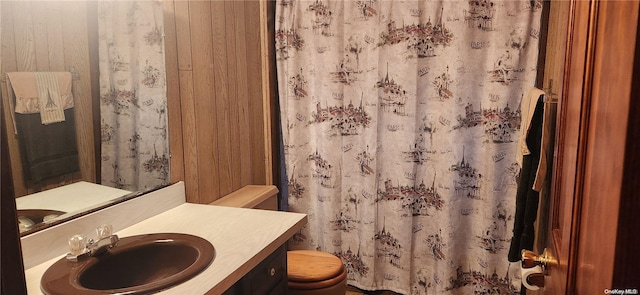 bathroom with vanity, toilet, and wood walls