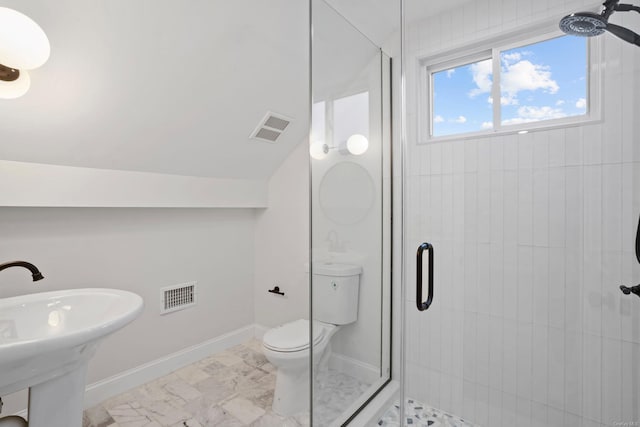 full bath featuring vaulted ceiling, visible vents, and a stall shower