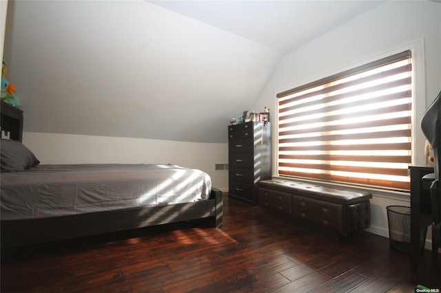 bedroom with lofted ceiling, multiple windows, and dark wood-type flooring