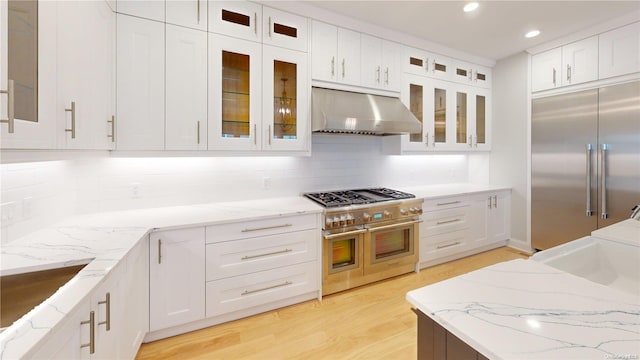 kitchen with tasteful backsplash, premium appliances, light hardwood / wood-style flooring, white cabinetry, and range hood