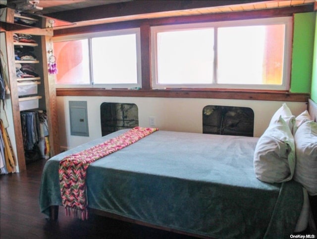 bedroom with wood-type flooring and electric panel