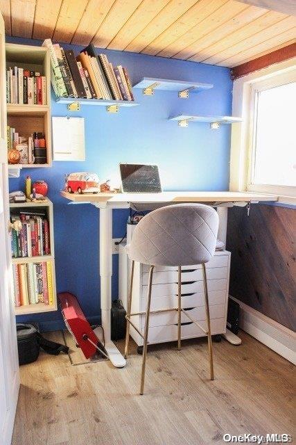 bedroom featuring wood-type flooring and wood ceiling